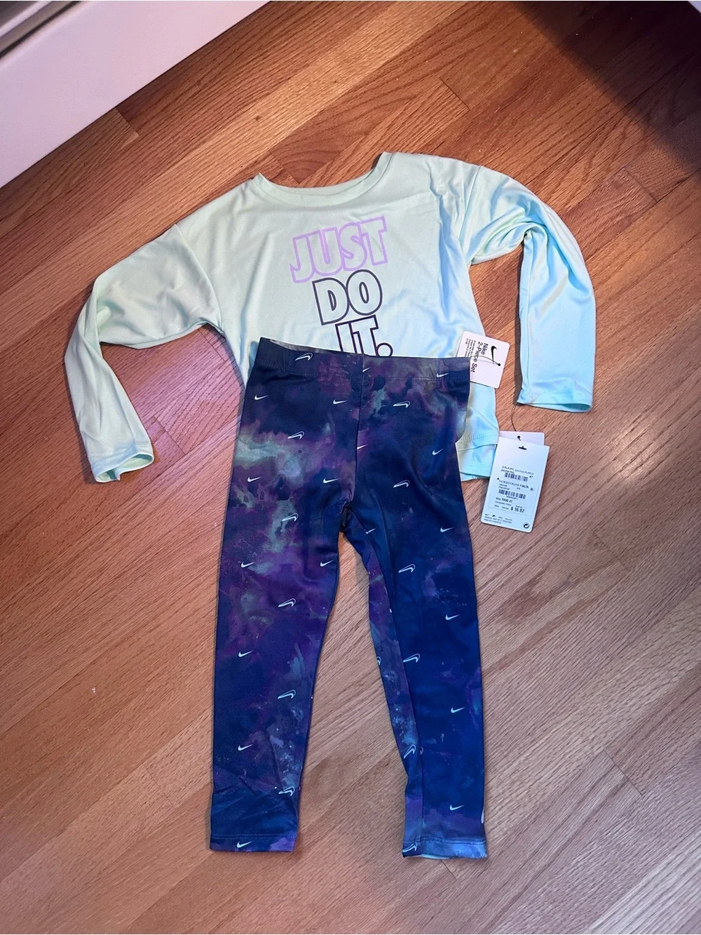Nike Kids Mint Green Long-Sleeve Rashguard with Purple Galaxy Swim Leggings